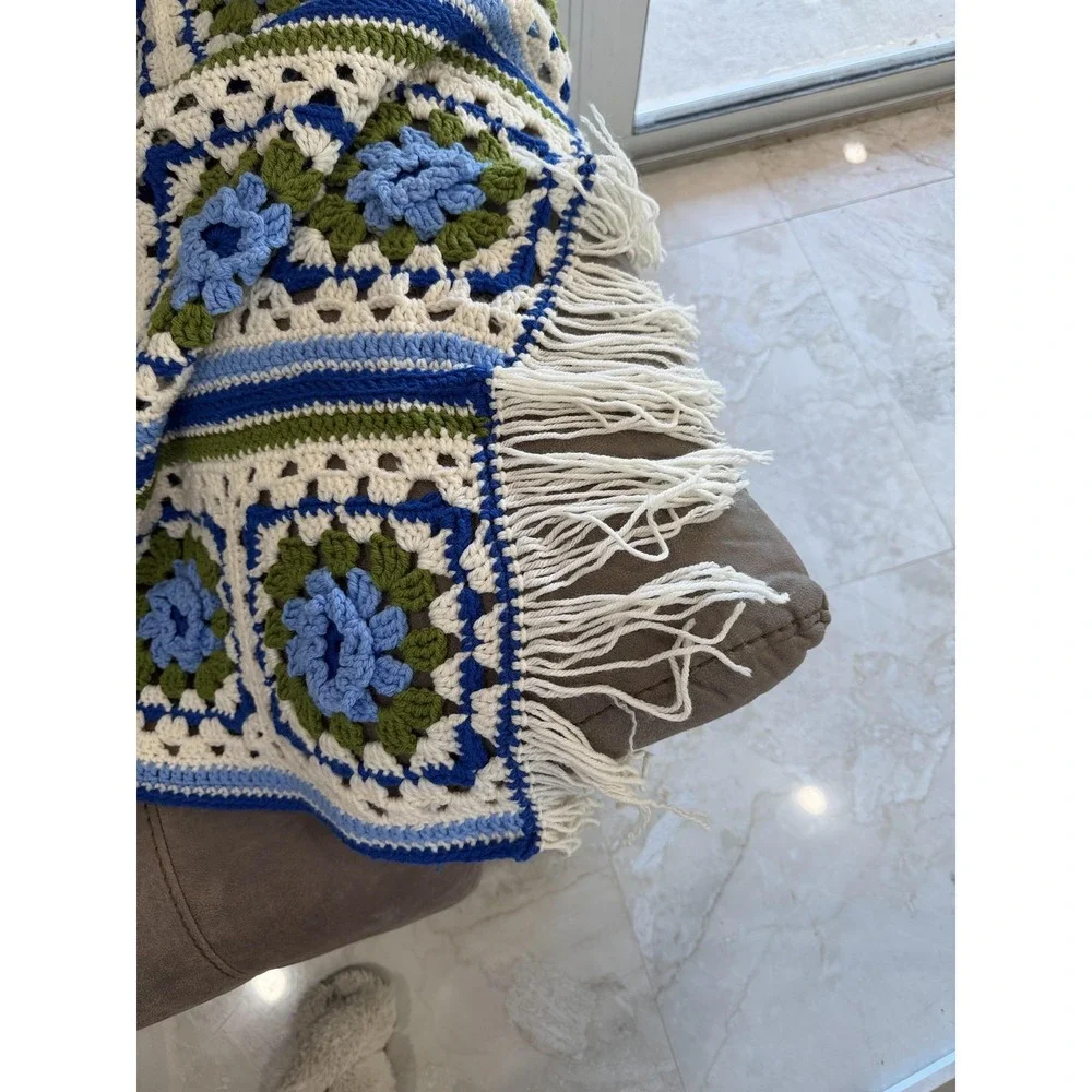 Handmade Crochet Afghan‎ Throw Blanket Granny Square Blue Green Ivory Fringe